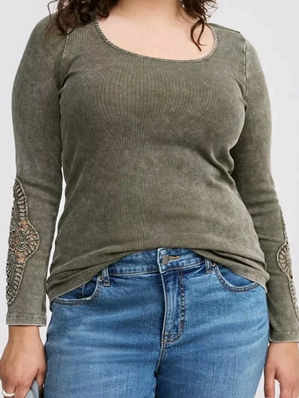 Torrid Olive Green Scoop Neck Ribbed Women's Top Crochet Sleeves Size 2